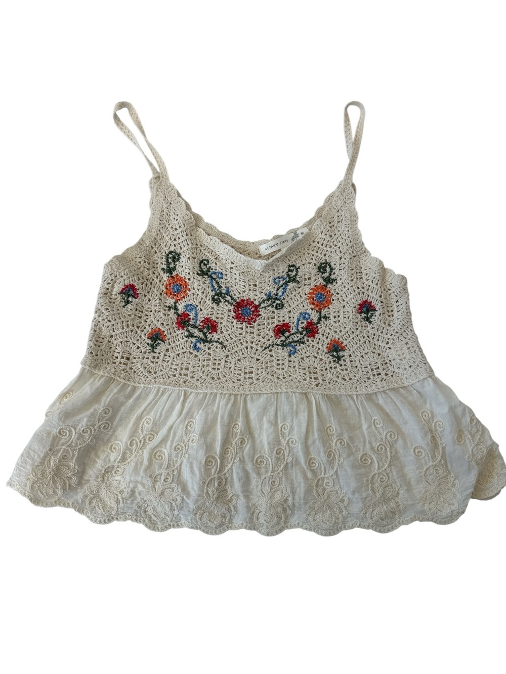 Altar'd State Floral Embroidered Crochet Peplum Top in Cream - Picture 4 of 9